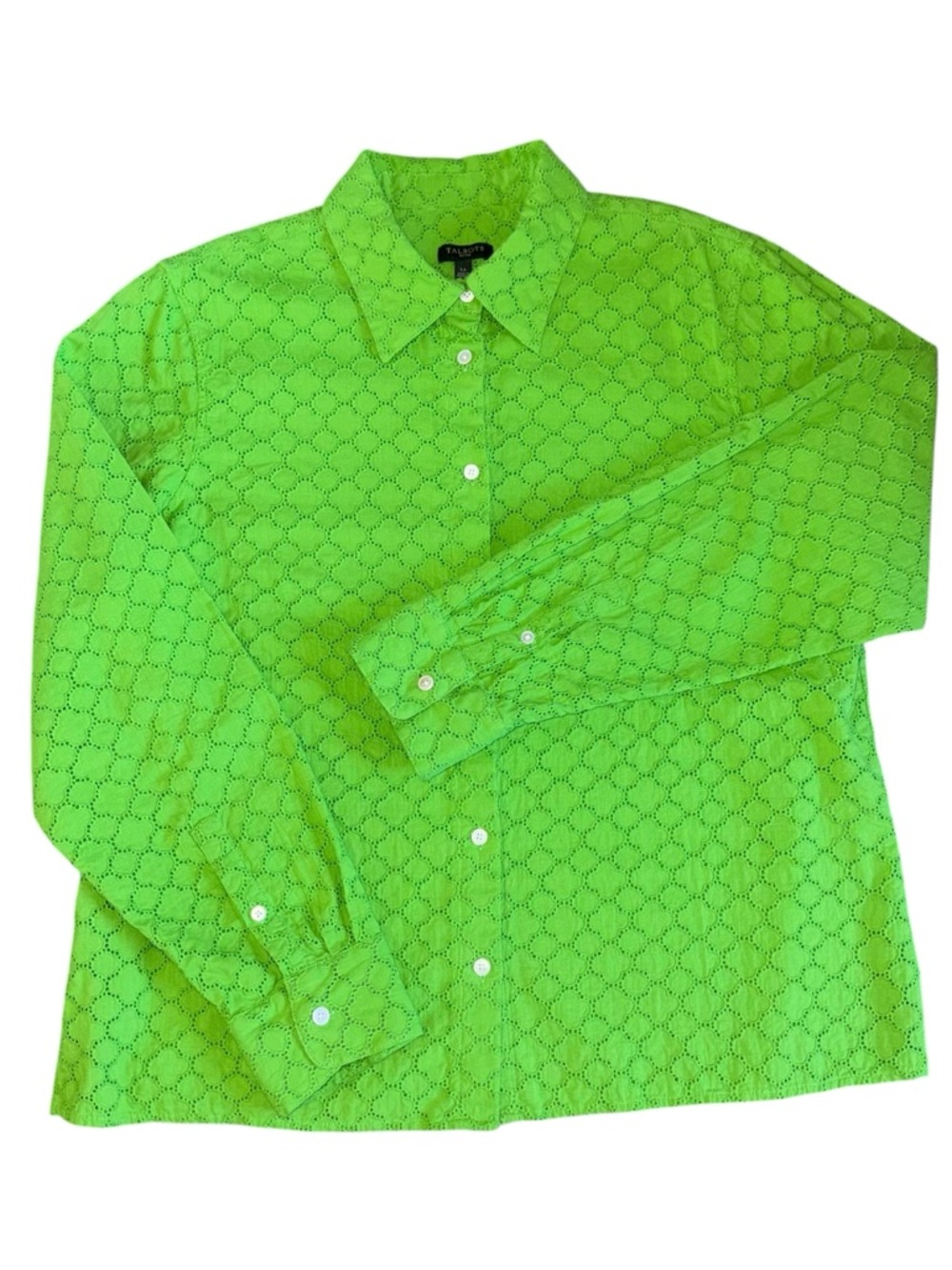 Talbots Green Eyelet Blouse Petite LP Button Front Cotton Women Top